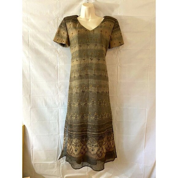 Vintage Y2K S.L. Fashions Dress Women 8 Green Floral Embroidered Maxi Boho Fairy - Picture 1 of 12